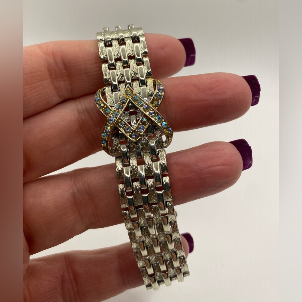 Coro Pegasus Silver Tone Wide Textured Link Bracelet with AB Rhinestones MCM